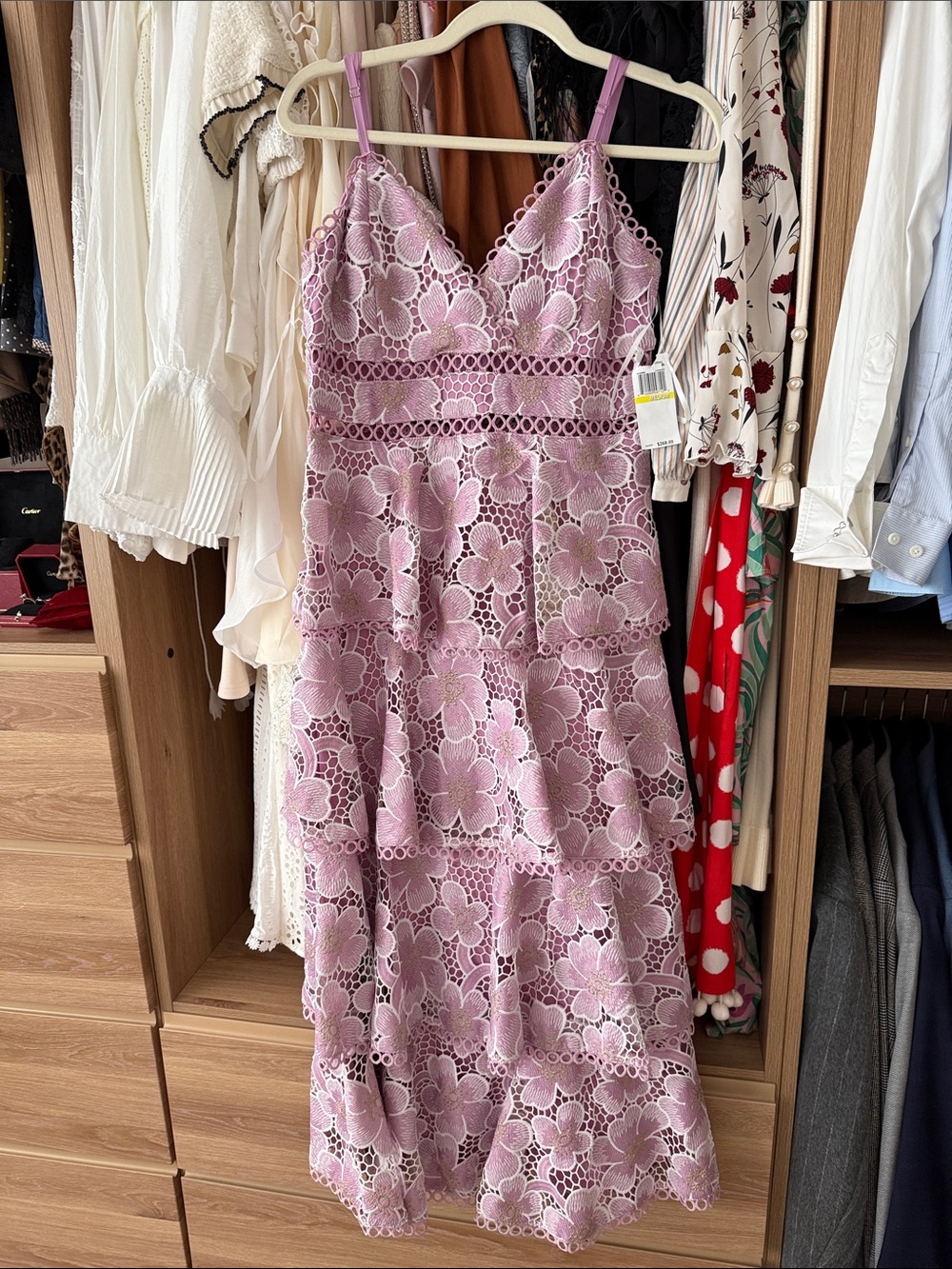 Studio Lilac Floral Lace Tiered Midi Dress